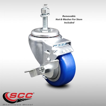 Service Caster 3 Inch SS Blue Polyurethane Swivel 3/8 Inch Threaded Stem Caster with Brake SCC SCC-SSTS20S314-PPUB-BLUE-TLB-381615